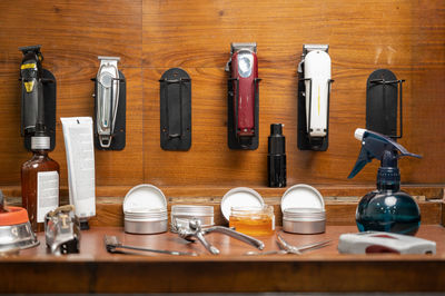 High angle view of bottles on table