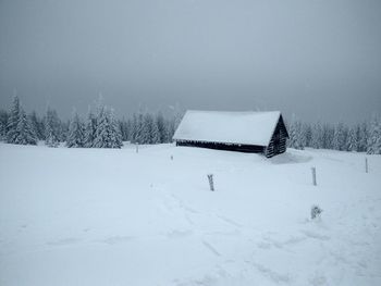 Snow covered field against sky