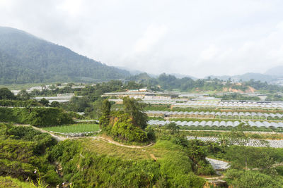 High angle view of field against sky