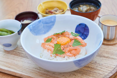 High angle view of salad in bowl on table