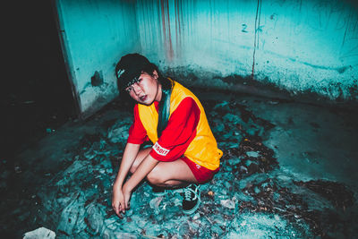 Portrait of young woman sitting against wall