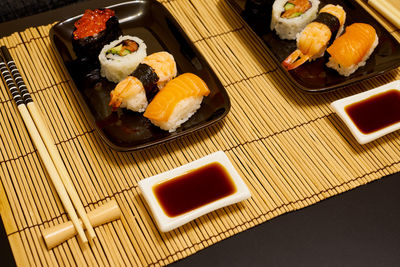 High angle view of sushi served on table