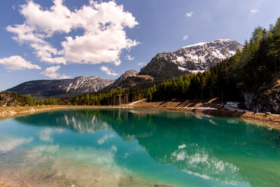 Scenic view of lake by mountains against sky