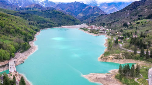 Barcis lake in a panoramic aerial view from above  at valcellina-pordenone on dolomites