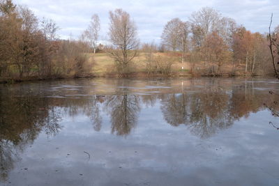 Reflection of trees in lake against sky