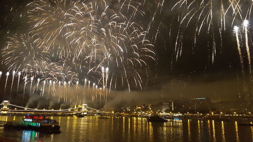 Firework display over river against sky at night