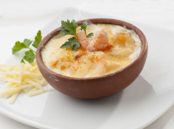 High angle view of soup in bowl on table