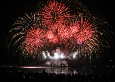 People watching firework display against sky at night