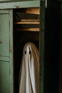 Little ghost standing in the closet. autumn halloween