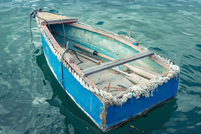 High angle view of boats moored in sea