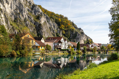 High rocks in the village essing in bavaria, germany at the altmuehl river on a sunny day in autumn