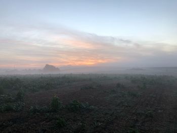 Scenic view of landscape against sky during foggy weather