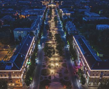 High angle view of illuminated buildings at night