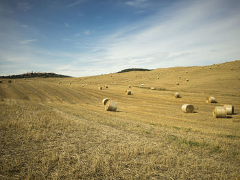 Hay bales on field against sky