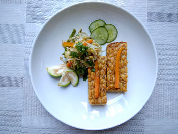 High angle view of meal served on table