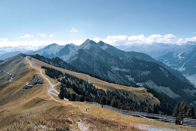 Scenic view of snowcapped mountains against sky