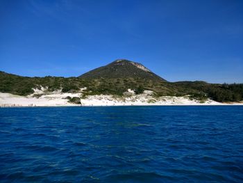 Scenic view of sea against clear blue sky