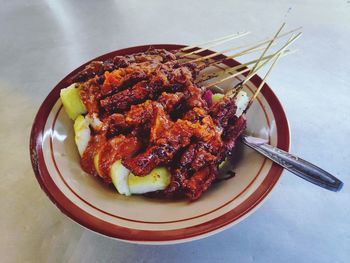 High angle view of food in plate on table