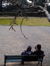 Woman sitting on tree