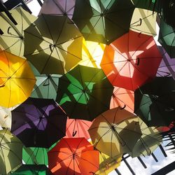 Low angle view of multi colored umbrellas hanging