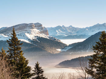 Scenic view of snowcapped mountains against clear sky