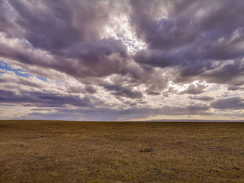 Scenic view of field against cloudy sky