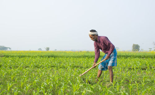 Full length of indian farmer working at field