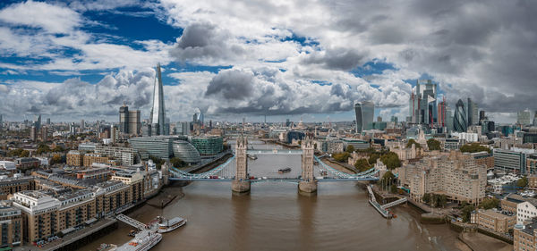 Aerial view of the tower bridge, central london, from the south bank of the thames.