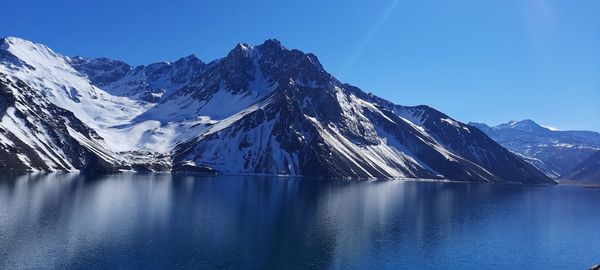 Scenic view of snowcapped mountains against clear blue sky