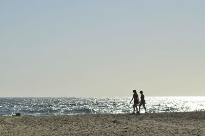 Men on beach against clear sky