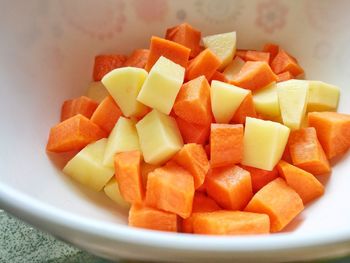 Close-up of chopped fruits in bowl