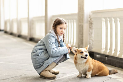 Portrait of a toddler girl in a warm blue coat with a corgi dog in the park. spring