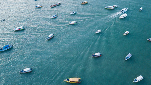 High angle view of boats in sea