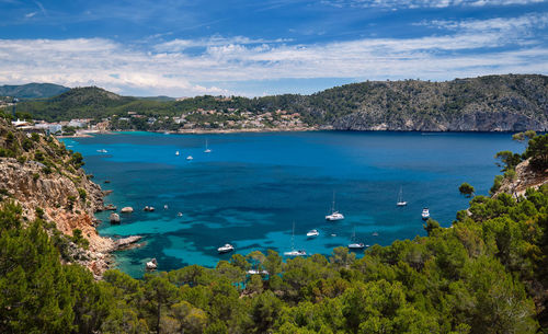 Scenic view of bay against sky