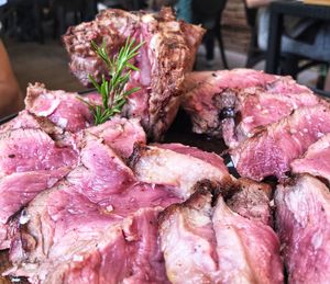 High angle view of meat on barbecue