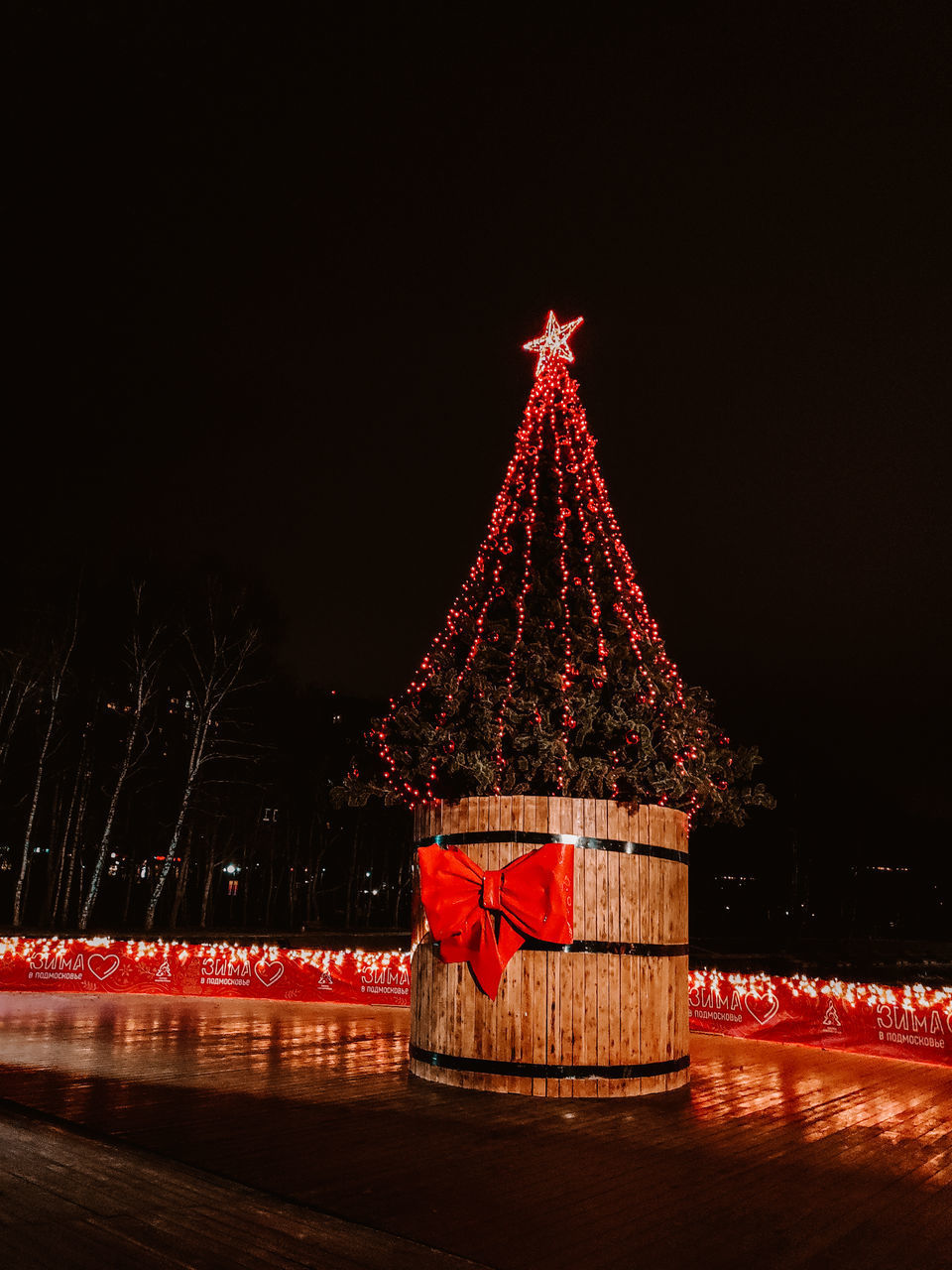 ILLUMINATED CHRISTMAS TREE AGAINST SKY AT NIGHT DURING AUTUMN