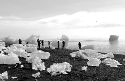 Group of people on beach by sea against sky