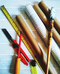 High angle view of multi colored pencils on table