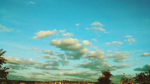 Low angle view of trees against cloudy sky