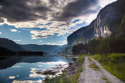 Scenic view of lake and mountains against sky