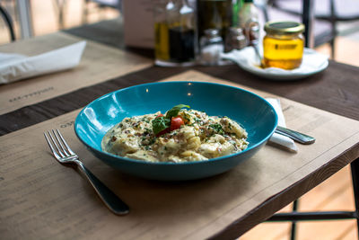 Close-up of breakfast served on table