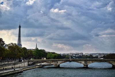 View of bridge over river against cloudy sky