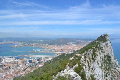 Aerial view of cityscape by sea against sky