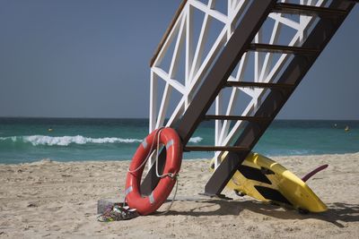 Boat on beach against clear sky