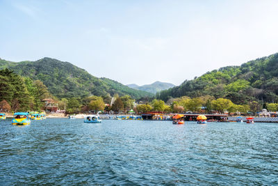 Sanjeong lake scenery in pocheon, south korea. famous lake in pocheon with boats for rentals.