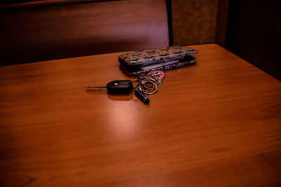 High angle view of coins on table