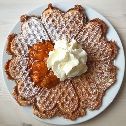 High angle view of dessert in plate on table