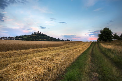 Scenic view of farm against sky during sunset