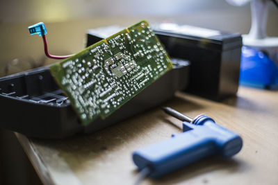 Close-up of circuit board on table