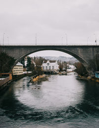 Bridge over river in city against sky